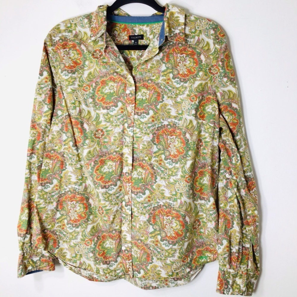 Talbots button up blouse 14 women paisley green orange cotton